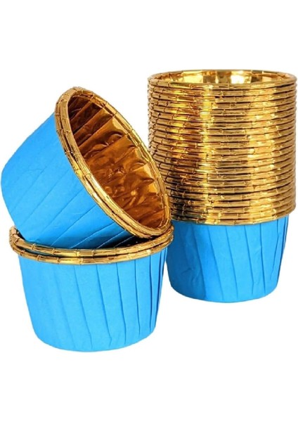 Hediye Sepeti 25&apos;li Mavi Gold Muffin Kek Kalıbı, Kek Kapsülü Cupcake Kalıbı, Airfryer Uyumlu