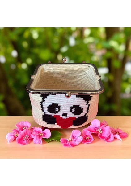 El Örgüsü Panda Işlemeli Küçük Kadın Çanta modelleri