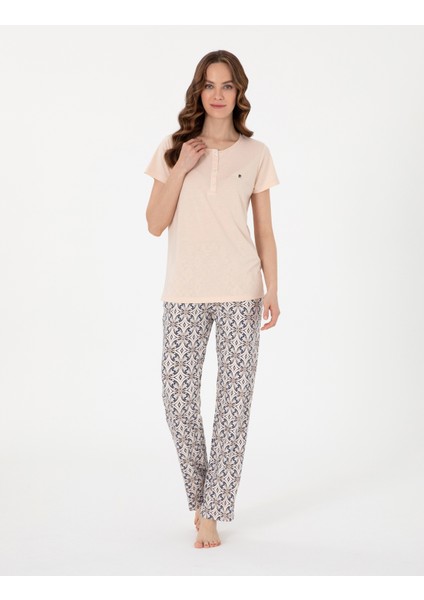 Kadın Bej Kısakollu Pijama Takımı 50318971-VR011 fırsatları