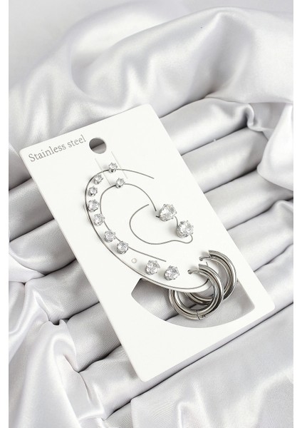 316L Çelik Halka Figürlü ve Zirkon Taşlı Gümüş Renk 7'li Çift Kadın Küpe Set