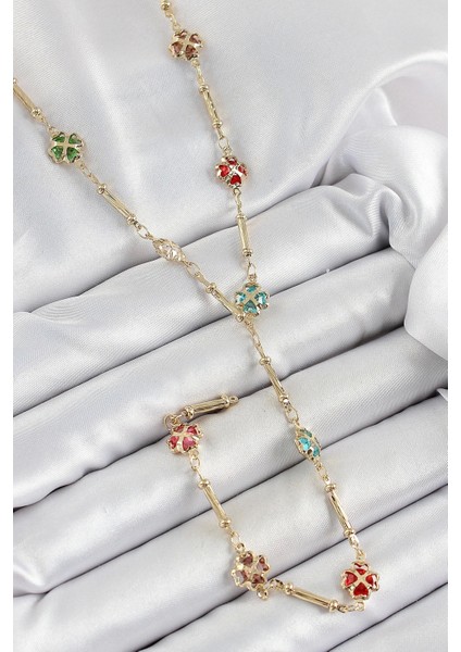 Pirinç Asorti Kalpli Yonca Model Gold Renk Zirkon Taşlı Y Kolye