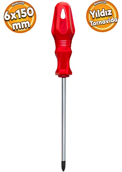Kırmızı Plastik Saplı Yıldız Tornavida 6X150 Mm, Dayanıklı ve Kullanışlı El Aleti