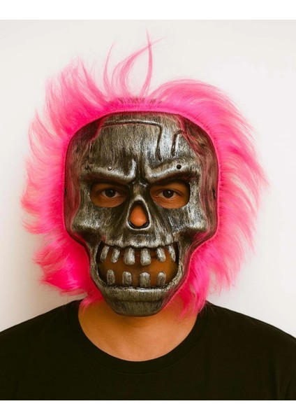 Populermarketim - Wild Skull - Gümüş Kafatası Pembe Saçlı Iskelet Maske