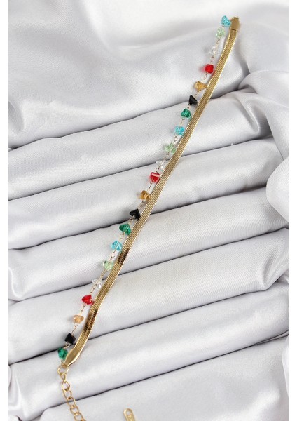 316L Çelik Gold Renk Kristal Karışık Renkli Taşlı 2'li Kadın Bileklik