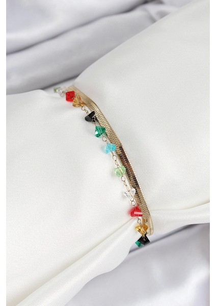 316L Çelik Gold Renk Kristal Karışık Renkli Taşlı 2'li Kadın Bileklik fiyatları