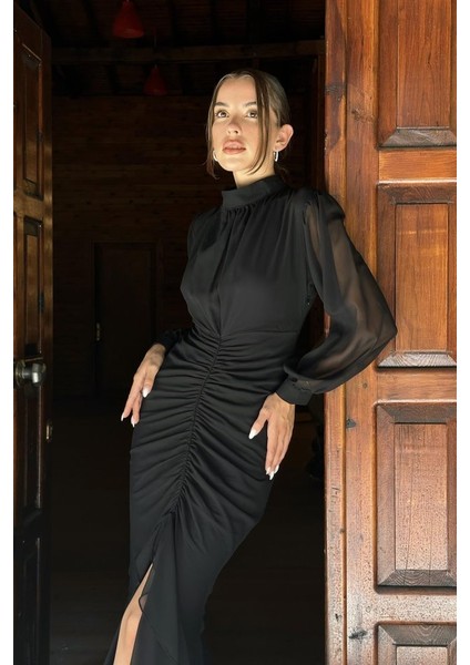 Siyah Önü Büzgülü Şifon Elbise fiyatları