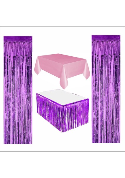 Pembe Masa Örtüsü, Mor Masa Eteği, 2 Adet Mor Arka Fon