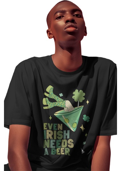 Unisex Even Irish Needs A Beer Baskılı Tişört, Oversize Yaz Içecek Temalı Bisiklet Yaka T-Shirt modelleri