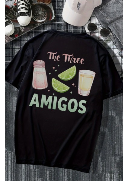 Oversize The Three Amigos Sırt Baskılı Tişört, Unisex Tekila Temalı Bisiklet Yaka T-Shirt modelleri