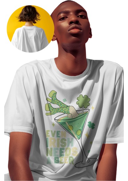 Unisex Even Irish Needs A Beer Baskılı Tişört, Oversize Yaz Içecek Temalı Bisiklet Yaka T-Shirt