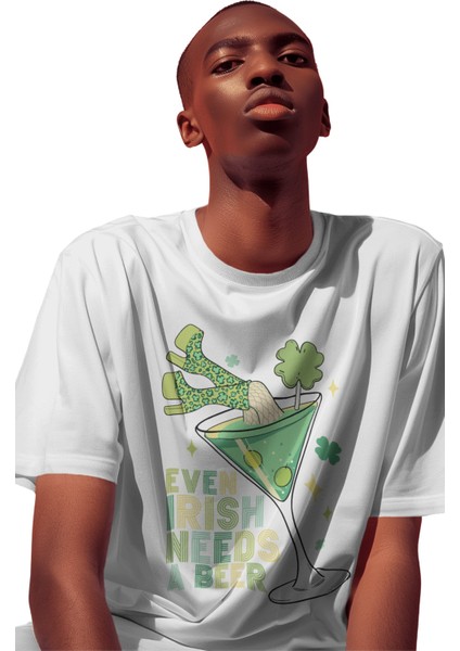 Unisex Even Irish Needs A Beer Baskılı Tişört, Oversize Yaz Içecek Temalı Bisiklet Yaka T-Shirt modelleri