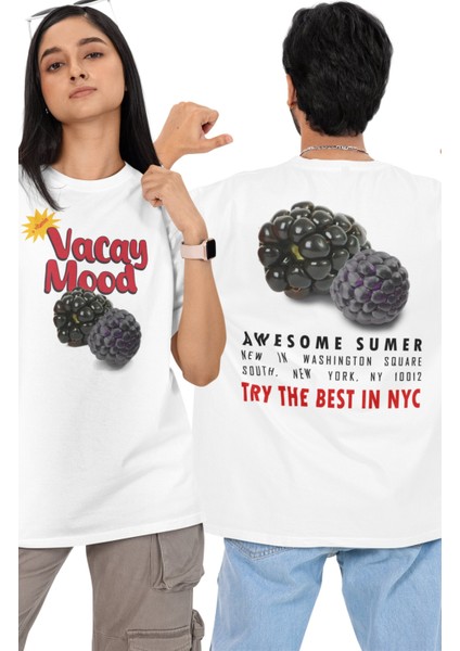 Oversize Vacay Mode Sırt Baskılı Tişört, Unisex Yaz Meyve Temalı Bisiklet Yaka T-Shirt