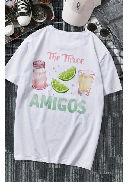 Oversize The Three Amigos Sırt Baskılı Tişört, Unisex Tekila Temalı Bisiklet Yaka T-Shirt modelleri