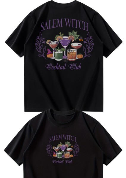 Oversize Salem Witch Coctail Club Sırt Baskılıtişört, Coctail Temalı Bisiklet Yaka T-Shirt