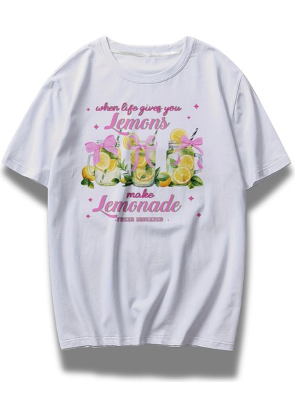 Unisex Lemonade Yazılı Tişört, Oversize Kurdele Baskılı Bisiklet Yaka T-Shirt