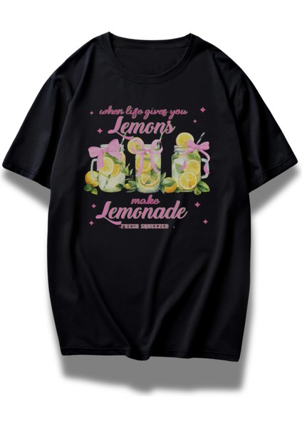 Unisex Lemonade Yazılı Tişört, Oversize Kurdele Baskılı Bisiklet Yaka T-Shirt