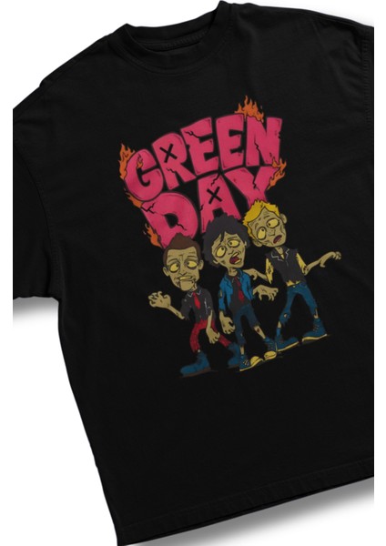 Oversize Minyatür Greenday Baskılı Tişört, Unisex Rock Band Temalı Bisiklet Yaka T-Shirt