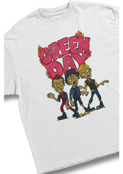 Oversize Minyatür Greenday Baskılı Tişört, Unisex Rock Band Temalı Bisiklet Yaka T-Shirt