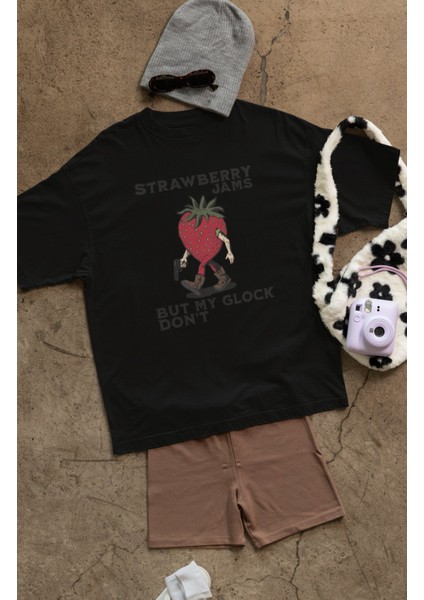Oversize Strawberry Jams Yazılı Tişört, Unisex Çilek Adam Baskılı Bisiklet Yaka T-Shirt