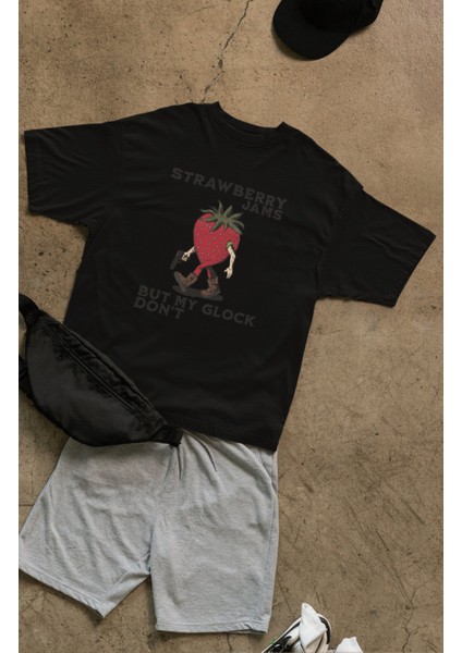 Oversize Strawberry Jams Yazılı Tişört, Unisex Çilek Adam Baskılı Bisiklet Yaka T-Shirt fiyatları