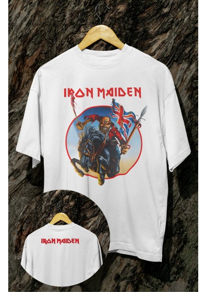 Oversize England Flag Iron Maiden Ense Baskılı Tişört, Unisex Rock Band Bisiklet Yaka T-Shirt