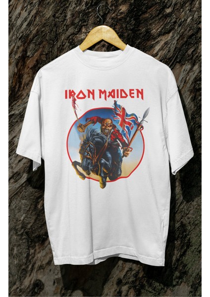 Oversize England Flag Iron Maiden Ense Baskılı Tişört, Unisex Rock Band Bisiklet Yaka T-Shirt modelleri