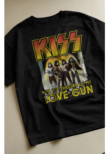 Oversize Kiss Love Gun Yazılı Tişört, Unisex Rock Band Temalı Bisiklet Yaka T-Shirt