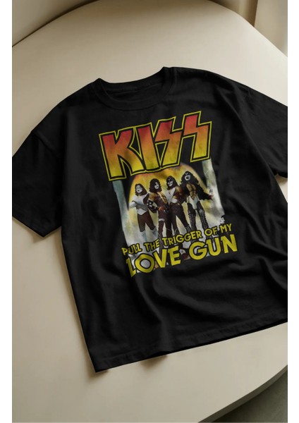 Oversize Kiss Love Gun Yazılı Tişört, Unisex Rock Band Temalı Bisiklet Yaka T-Shirt fiyatları