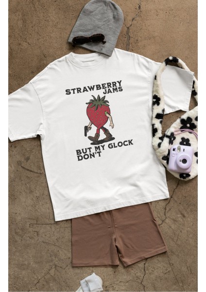 Oversize Strawberry Jams Yazılı Tişört, Unisex Çilek Adam Baskılı Bisiklet Yaka T-Shirt