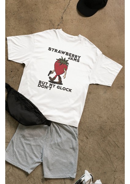 Oversize Strawberry Jams Yazılı Tişört, Unisex Çilek Adam Baskılı Bisiklet Yaka T-Shirt fiyatları