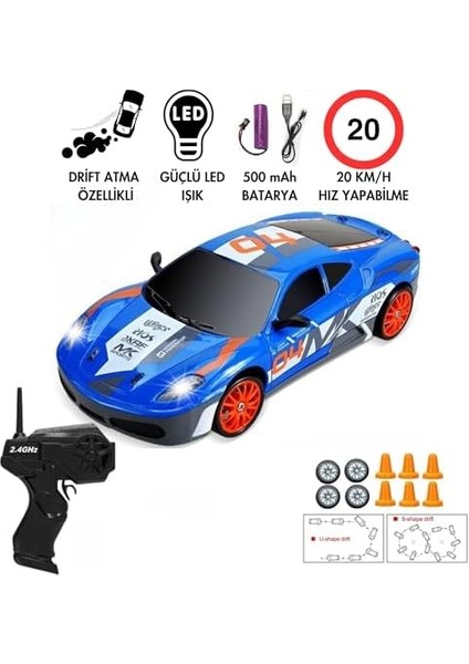 Ölçek Oyuncak 4x4 Uzaktan Kumandalı 20 Km/h Hız Drift Için Üretilmiş Şarjlı Araba Rc Yarış Arabası Full Fonksiyon Parkur Dubaları ve Drift Tekerleri 500 Mah Batarya (Mavi)