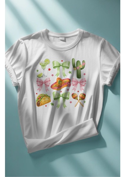 Oversize Kurdele Kaktüs Baskılı Tişört, Meksika Tekila Temalı Bisiklet Yaka T-Shirt