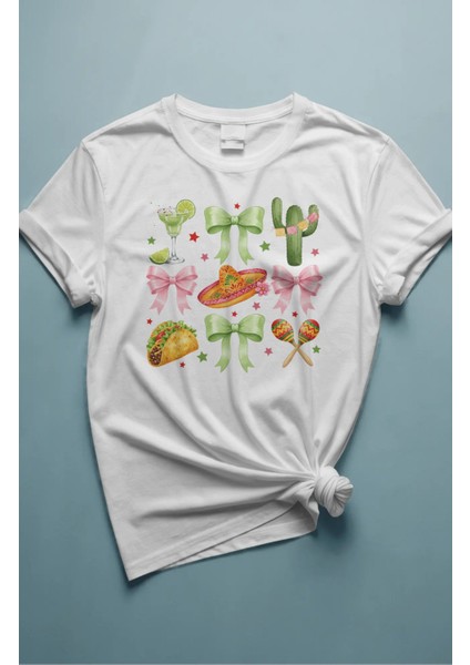 Oversize Kurdele Kaktüs Baskılı Tişört, Meksika Tekila Temalı Bisiklet Yaka T-Shirt fiyatları