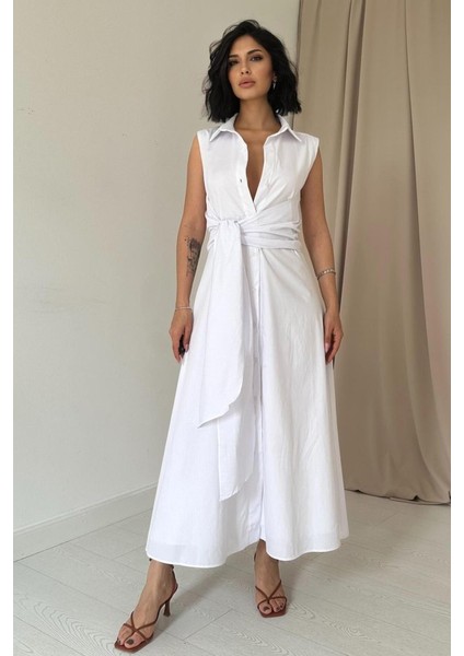 Beyaz Gömlek Yaka Bağlamalı Elbise