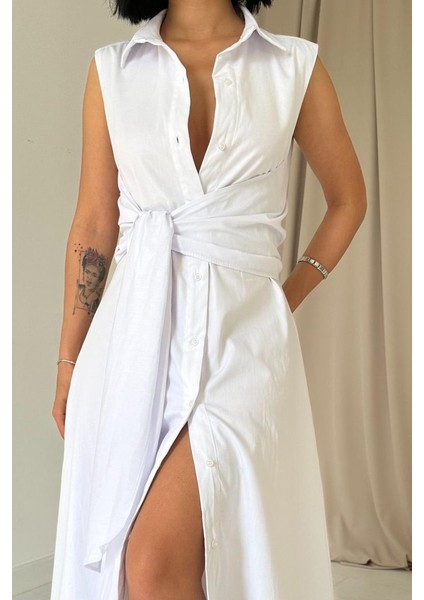 Beyaz Gömlek Yaka Bağlamalı Elbise modelleri