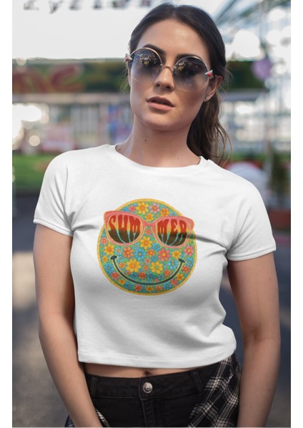 Summer Yazılı Crop Top, Kadın Çiçekli Gülen Yüz Baskılı Crop Bluz
