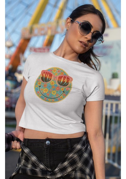 Summer Yazılı Crop Top, Kadın Çiçekli Gülen Yüz Baskılı Crop Bluz fiyatları