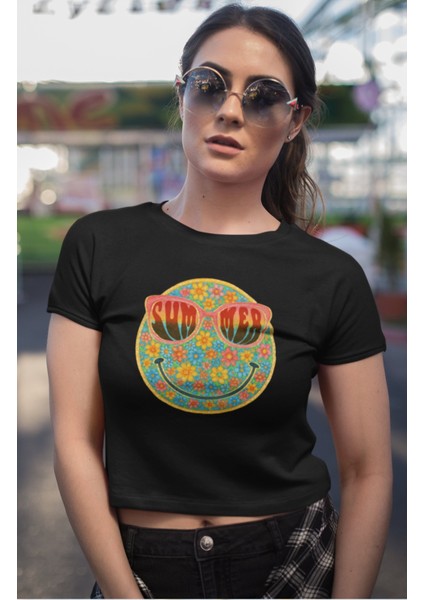 Summer Yazılı Crop Top, Kadın Çiçekli Gülen Yüz Baskılı Crop Bluz
