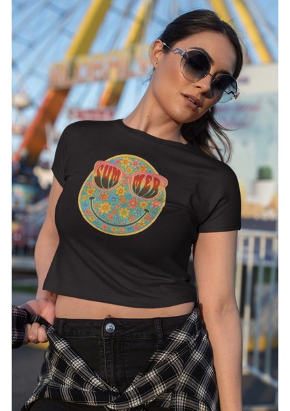 Summer Yazılı Crop Top, Kadın Çiçekli Gülen Yüz Baskılı Crop Bluz fiyatları