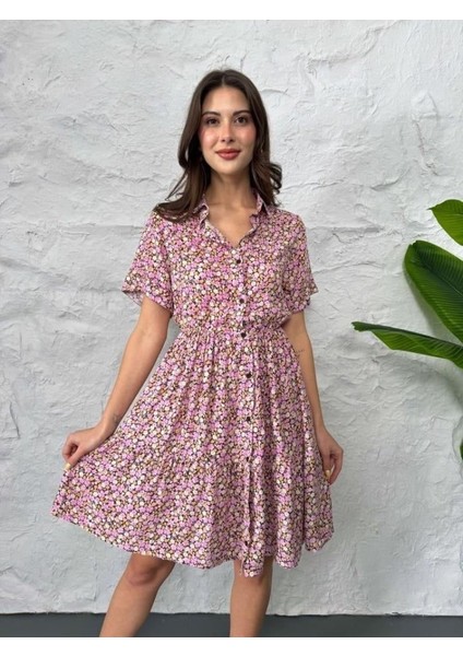 Baskılı Keten Elbise - Lila