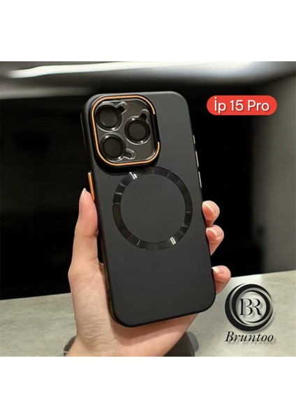Apple Iphone 15 Pro Uyumlu Magnezyum Serisi Standlı Kapak Magsafe Sert Kılıf + Kamera Lens Koruma .