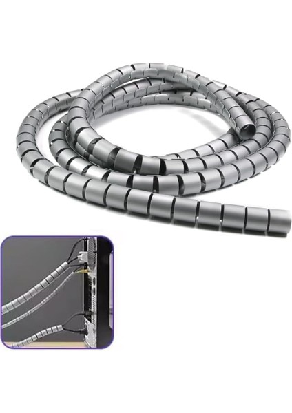 1 mt x 16 mm Spiral Boru Kablo Kanalı Kablo Fiş Düzenleyici Toplayıcı Kordon Kablo Tutucu Gri (1 Adet)