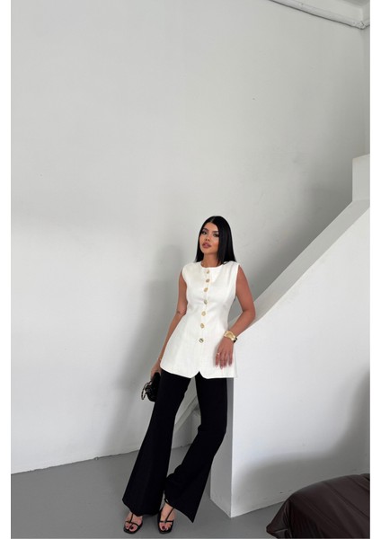 Keten Yelek Belden Oturtmalı Sıralı Düğme Detaylı - Beyaz