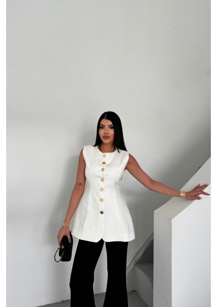 Keten Yelek Belden Oturtmalı Sıralı Düğme Detaylı - Beyaz fiyatları