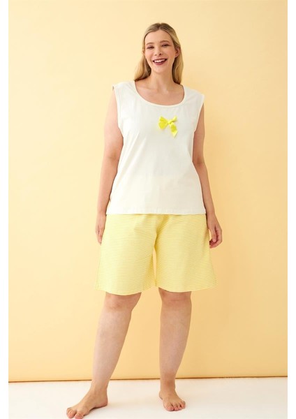Akbeniz Kadın Beyaz Kurdele Detaylı Sarı Çizgili Şortlu Büyük Beden Pijama Takımı fiyatları