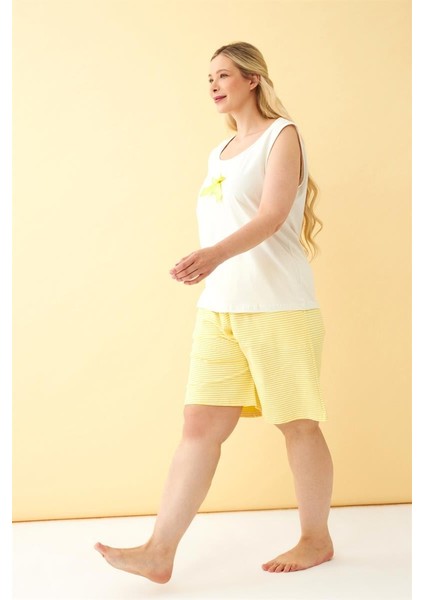 Akbeniz Kadın Beyaz Kurdele Detaylı Sarı Çizgili Şortlu Büyük Beden Pijama Takımı modelleri