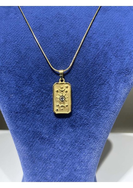 Elvimas Paslanmaz Çelik Tarot Gold Zirkon Taşlı Plaka Kolye