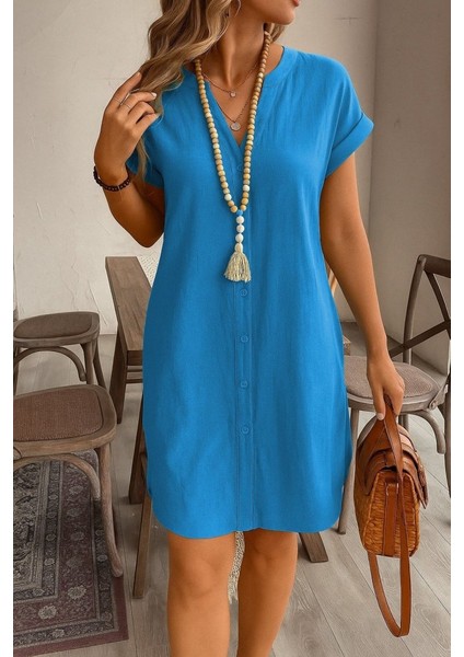 Kadın Kısa Kollu Önden Düğmeli Ithal Keten Elbise