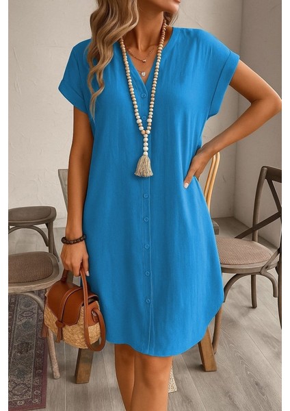 Kadın Kısa Kollu Önden Düğmeli Ithal Keten Elbise fiyatları