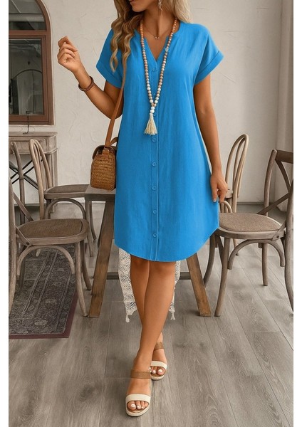 Kadın Kısa Kollu Önden Düğmeli Ithal Keten Elbise modelleri